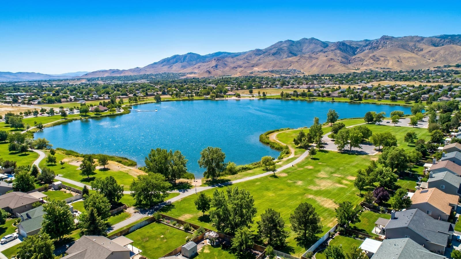 Sparks Marina lakefront neighborhood with walking paths and mountain views in central Sparks, Nevada