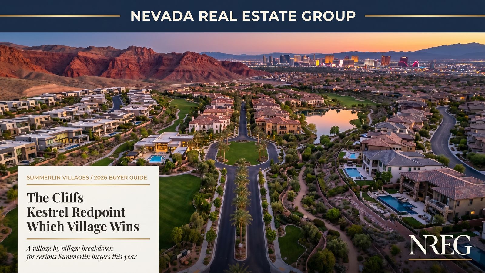 Summerlin Las Vegas master-planned village with tile-roof homes, mature landscaping, and the Red Rock escarpment behind